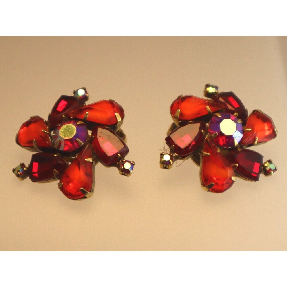 Vintage Kramer Red Givre Shield Rhinestone Earrings
